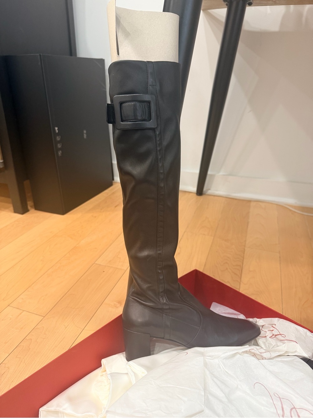 Roger Vivier Black Over-the-Knee Leather Boots with Buckle